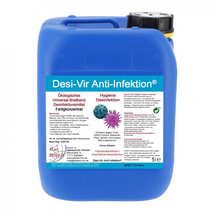 Desi-Vir Anti-Infektion®: Universal-Breitband Desinfektionsmittel Fertigkonzentrat - Schutz gegen Viren, 5 Liter