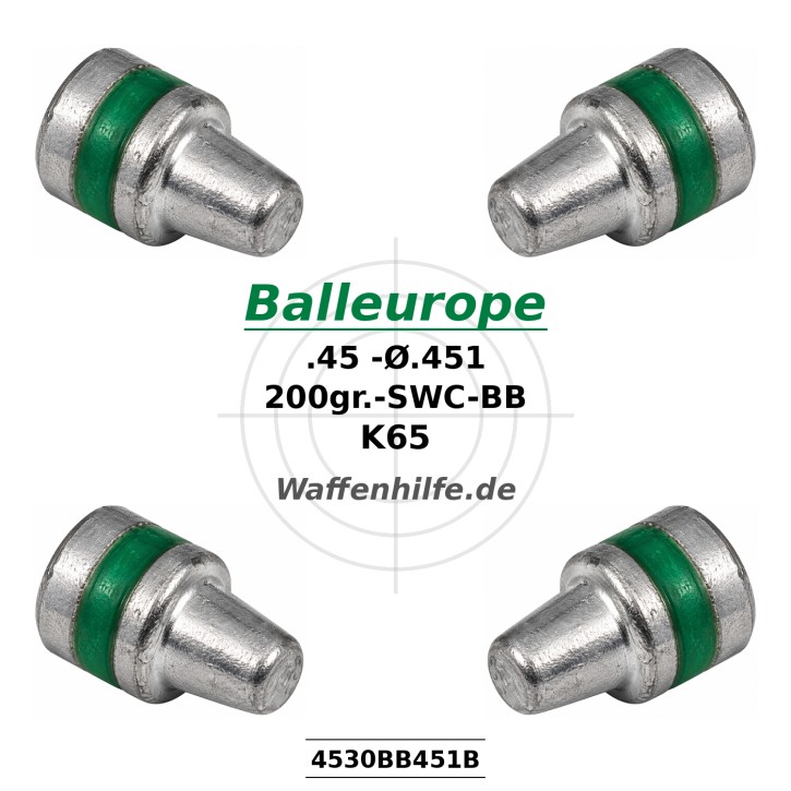 .45 ACP: 500 Stück Ø .451 11,46mm 200 Grain 12,96 Gramm Bleigeschoß SWC Wadcutter BB Fettrille Balleurope K65