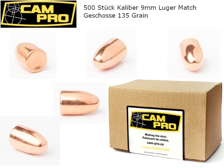 9mm: 500 Stück 9mm Luger 135 Grain, 8,748 Gramm FCP RN Campro K105