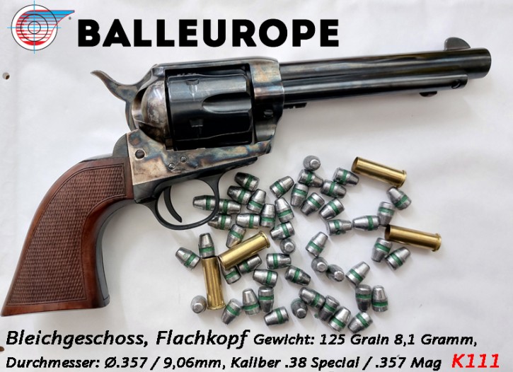 .38 Special / .357 Magnum: 500 Bleigeschoße 125 Grain, Flachkopf Ø.357 9,06mm 8,1 Gramm SWC Semi-Wadcutter Bevel Base BB Balleurope K111