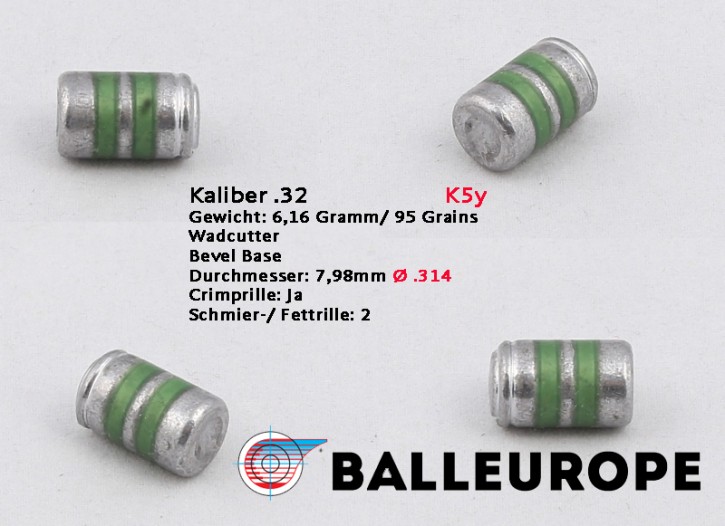 .32: 95 Grain Ø .314 500 Bleigeschosse .32 S&W, Wadcutter WC, Bevelbase BB 6,16 Gramm 7,98mm, 314 inch Balleurope K5y