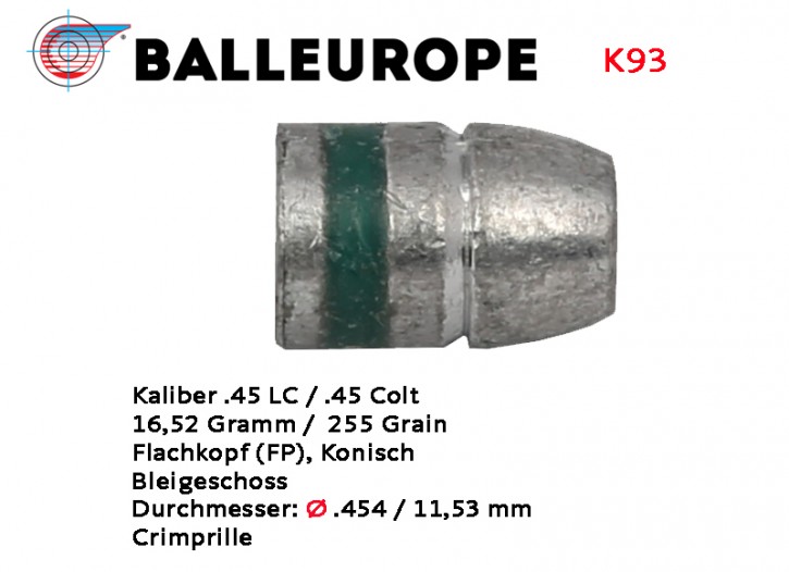 .45 LC: 250 Blei-Geschoße .45 Long COLT  Ø .454 FP 16,52 Gramm 255 Grain Flachkopf Balleurope K93