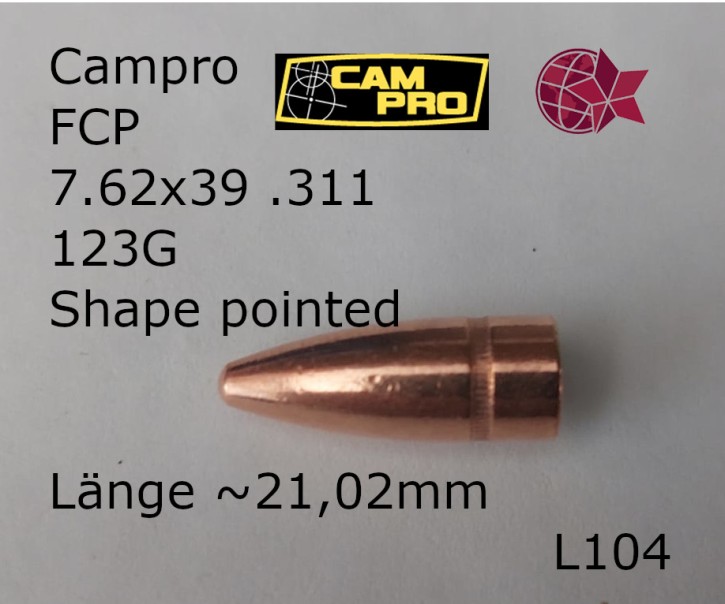 .311 7,62x39: 500 Geschoße 123 GRAIN FCP Shaped Pointed (zwischen Rund & Spitz) .254 Micron, Crimp CamPro L104