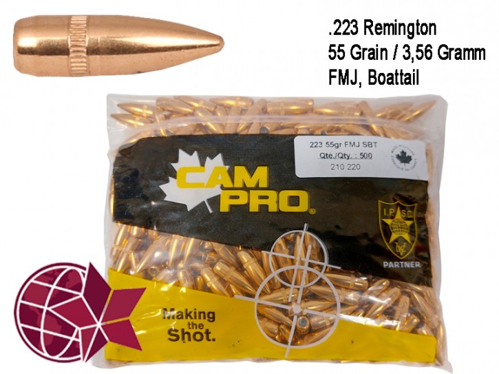 .223: 500 x Match Geschoß 223 Remington 5,56×45 FMJ BT 55 Grain 3,56 Gramm Ø .224 5,69 CamPro L55