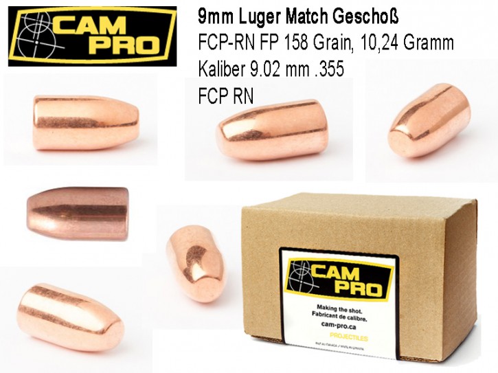 9mm: 500 Stück 9mm Match Geschosse FCP RN 158 Grain 10,24 Gramm. Kaliber 9mm Luger FCP RN Vollmantel CamPro K87