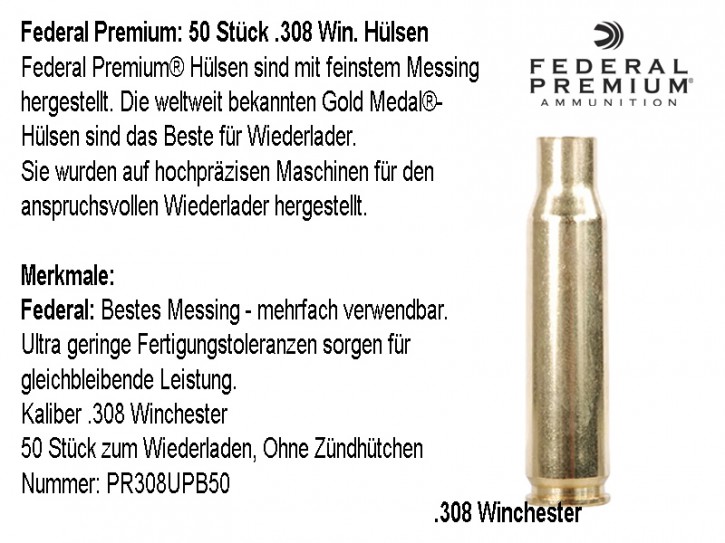 Federal Premium : 50 Stück .308 Winchester / 7,62 × 51 mm NATO Hülsen, unprimed