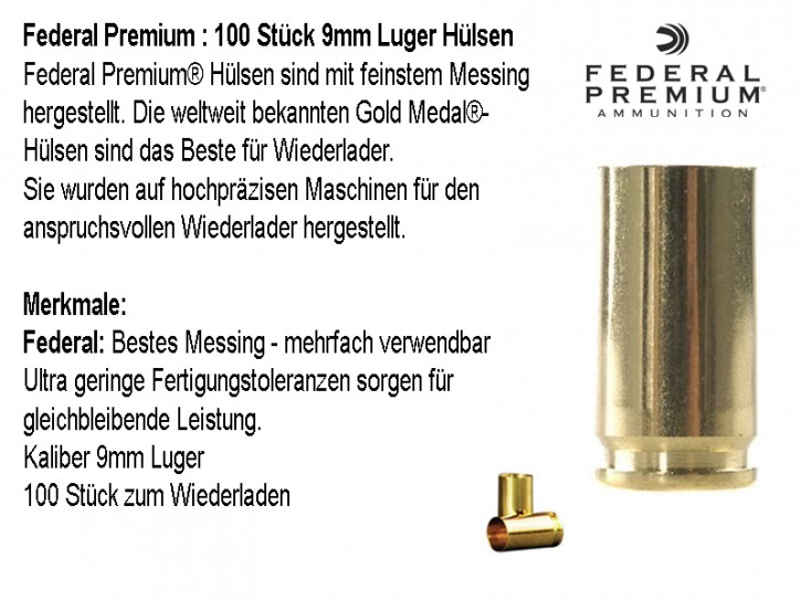 9mm: Federal Premium 100 Stück 9mm Luger Hülsen, unprimed