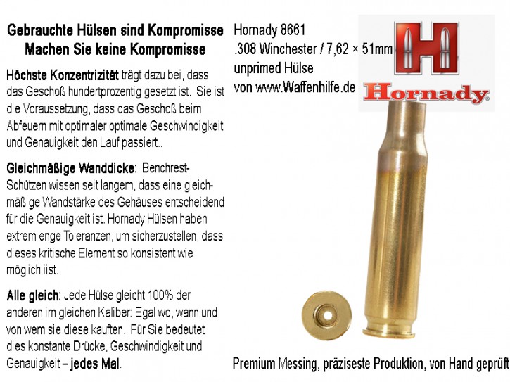 .308: Hornady: 50 Hülsen Kaliber .308 WIN Match .308 Winchester / 7,62 × 51 mm NATO Match Hülsen, unprimed