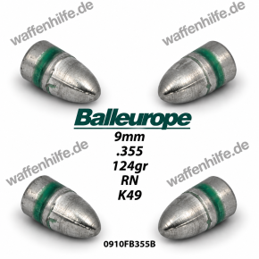 9mm: 500 Stück 9mm 124 Grain Luger RN BB Ø .355 / 9,02mm Bleigeschosse FCP Crimprille Balleurope K49