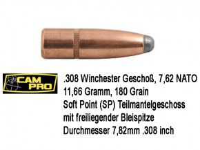 .308: 125 x .308 Winchester Match Geschoß CamPro 7,62 NATO 11,66 Gramm 180 Grain Soft Point Teilmantel JSP L101