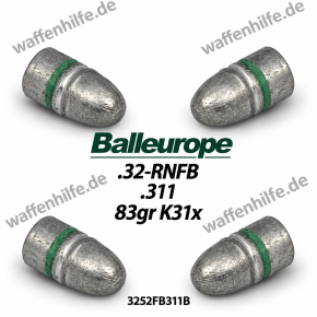 .32: 83 Grain / 5,38 Gramm Ø .311 / 7,90mm 500 Blei Geschosse rund RN FB .32 S&W Balleurope, K31x