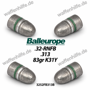 .32: 83 Grain / 5,38 Gramm Ø .313 / 7,95mm 500 Blei Geschosse rund RN FB .32 S&W Balleurope, K31y