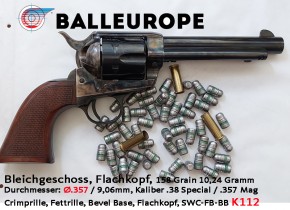 .38 Special / .357 Magnum: 500 Bleigeschoße 158 Grain, Flachkopf Ø.357 9,06mm 10,24 Gramm SWC Semi-Wadcutter Bevel Base BB Balleurope K112