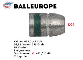 .45 LC: 250 Blei-Geschoße .45 Long COLT  Ø .452 FP 16,52 Gramm 255 Grain Flachkopf Balleurope K91