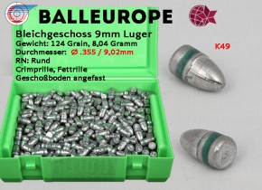 9mm: 500 Stück 9mm Luger RN BB Ø .355 / 9,02mm Bleigeschosse FCP 124 Grain Crimprille Balleurope K49