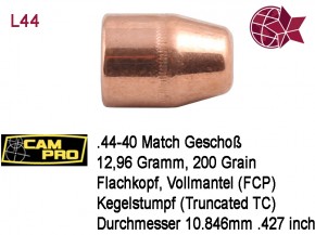 .44-40 Win : 500 x CamPro Geschoße .44-40 TC FCP 12,96 Gramm 200 Grain Match Vollmantel Flachkopf 10,846mm .427 L44