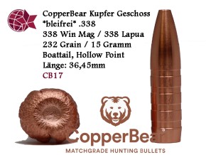 .338 / 338 Win Mag - 232 Grain / 15 Gramm Büchsengeschoss bleifrei - lead free Hollow Point Boat Tail von Copper Bear, grünes Geschoss für die Jagd aus Kupfer gefräst, CB17