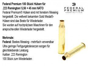 Federal Premium: 100 Stück .223 Remington Hülsen, unprimed