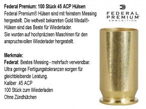 .45 ACP: Federal Premium : 100 Stück .45 ACP Hülsen, unprimed