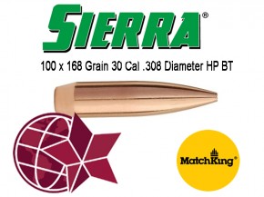 Sierra Matchking 30 Cal .308 Diameter 168 Grain 7,62 × 51 mm NATO Hollow Point HP Boattail BT L26 #2200