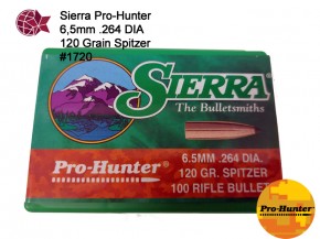 6,5: 100 Stück Sierra Pro-Hunter 6,5mm / cal .264 mit 120 Grain Teilmantel TM Spitzer #1720 L71