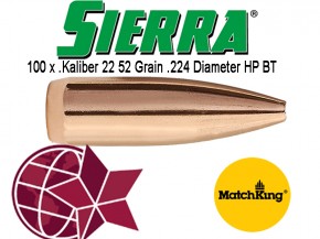 .223: 100 Stück Sierra Matchking 52 Grain Kaliber .223 / .22 .224 Hollow Point HP Boattail BT Vollmantel